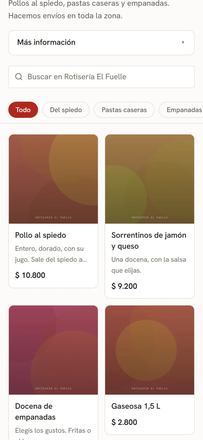 Una tienda de comida abierta en un celular: el nombre del negocio, un buscador, las categorías y la grilla de productos con foto y precio.